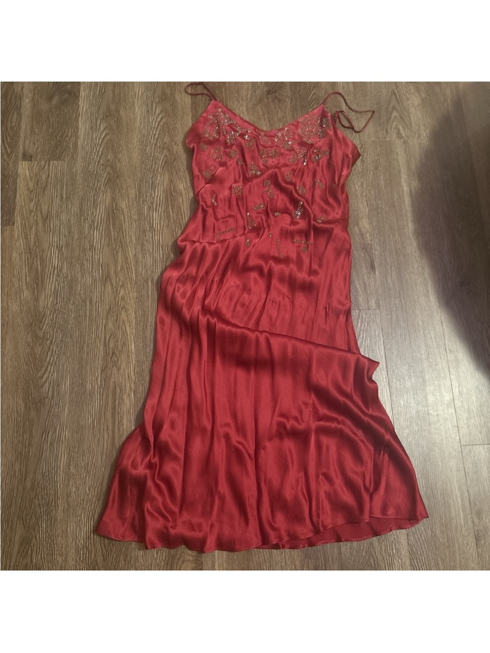 Red Satin Maxi Slip Dress with Beaded Detail